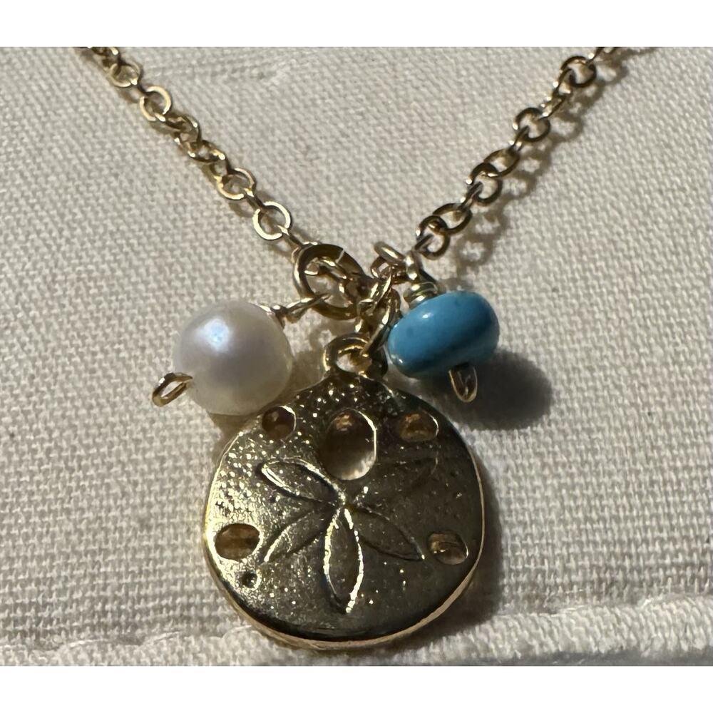 MAYAMAR Gold Sand Dollar Necklace 21” Adjustable w/ Pearl & Turquoise NWT - Picture 2 of 6